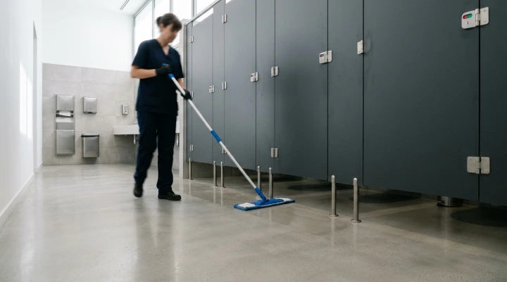 Limpieza del suelo bajo las mamparas de un baño público