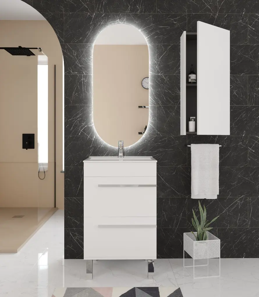 Nimes 50 fondo 39 encimera 50 mini espejo ROLL tirador y patas cromados y colgar abierto.webp